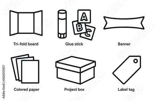 Project Tools Icons. Outline icon set of special project tools: tri-fold board, glue stick, cut-out letters,