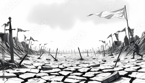 A black-and-white sketch of a sunken battlefield where rusted swords pierce the cracked earth, and shattered banners flutter in the windless silence.
