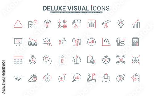Crisis management, protection of financial investment line icons set. Strategy and control risk, manage reports, analysis of business solutions thin black and red outline symbols vector illustration