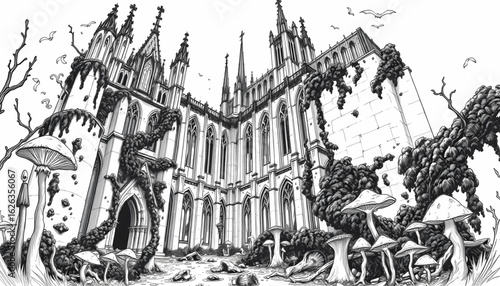 A black-and-white sketch of an abandoned cathedral overrun by fungi, its spires bent and stone walls covered in gnarled mushrooms and dark growth.
