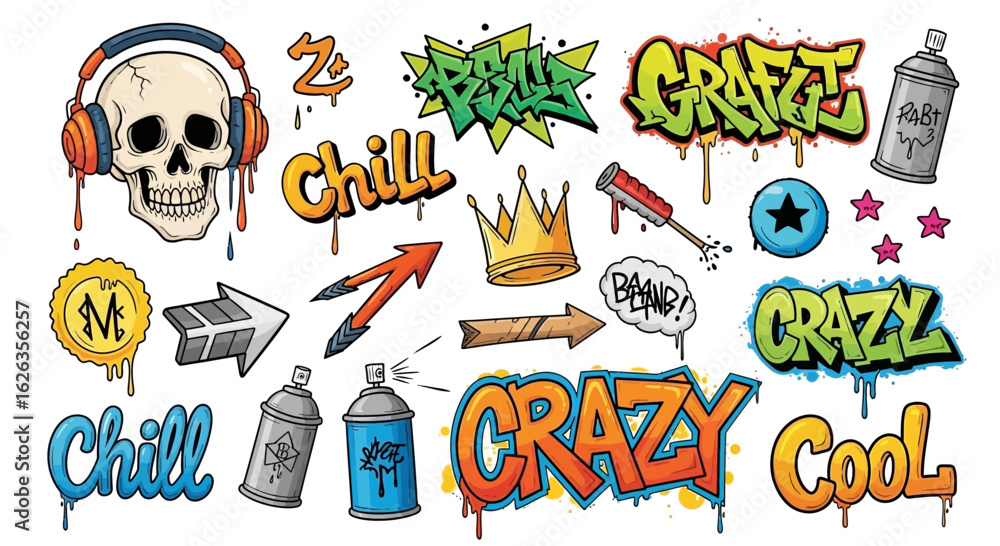 Fototapeta premium Vector SVG Graffiti Style Illustration with Skull Head Spray Paint Bubbles and Text in Modern Urban Design Style