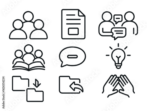 Peer Learning Icons. Outline icon set of peer learning: group icon, shared doc, note exchange, study group,