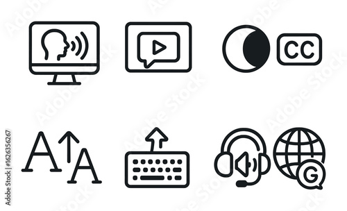 Learning Accessibility Icons. Outline icon set of learning accessibility: screen reader, caption icon,