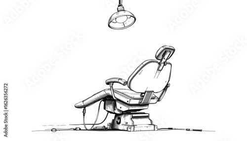 A black-and-white sketch of a dusty dental chair reclined beneath a cracked overhead light, rust streaks trailing down its armrests.
