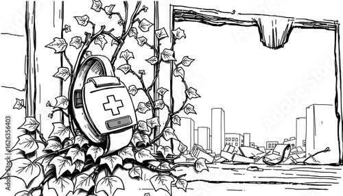 A black-and-white sketch of a medical alert bracelet tangled in dead ivy growing through the window of a collapsed clinic.
