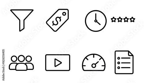 Course Browsing Icons. Outline icon set of course browsing icons: subject filter, price tag, course length,