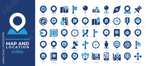 Map and Location icons set collection. Including pins, GPS, navigation, landmarks, and directions. Perfect for travel apps, maps, delivery tracking, and location-based services.  