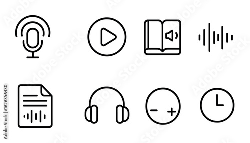 Audio Learning Icons. Outline icon set of audio-based learning: podcast icon, play button, audio book, sound