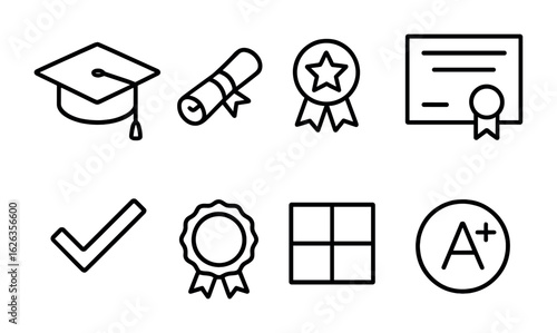 Educational Credentials Icons. Outline icon set of educational credentials: degree icon, diploma scroll, skill