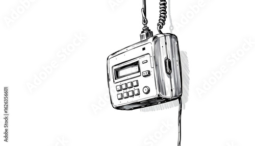 A black-and-white sketch of a hospital intercom hanging loosely by its wires, long silent, coated in a layer of grime.
