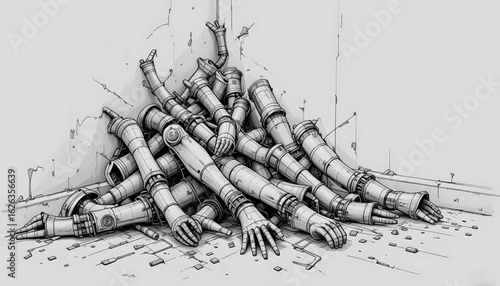 A black-and-white sketch of a pile of shattered prosthetic limbs in a corner, some twisted unnaturally, with exposed bolts and torn straps.
