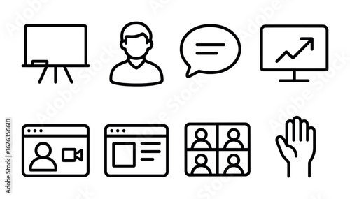 Virtual Classroom Icons. Outline icon set of virtual classroom: whiteboard icon, teacher avatar, chat bubble,