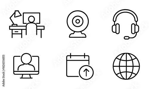 Distance Learning Icons. Outline icon set of distance learning: home desk, webcam icon, schedule app,