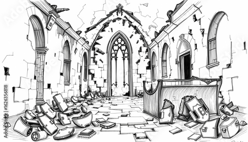 A black-and-white sketch of a scorched chapel ruin, with stained glass shards embedded in the ground and broken pews toppled sideways.
