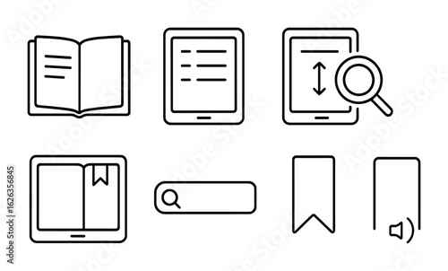 Digital Textbook Icons. Outline icon set of digital textbooks: open e-book, chapter list, page scroll, zoom