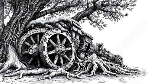 A black-and-white sketch of a collapsed siege engine covered in moss, its giant wheels shattered and tangled in tree roots.
