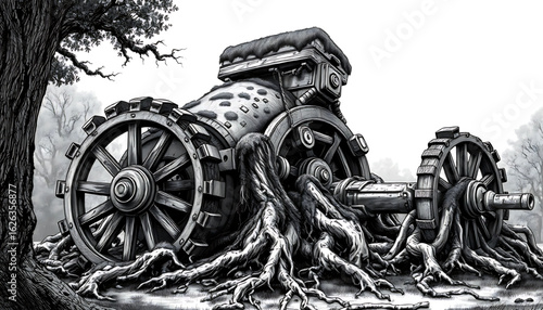 A black-and-white sketch of a collapsed siege engine covered in moss, its giant wheels shattered and tangled in tree roots.
