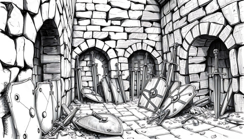 A black-and-white sketch of a forgotten armory with rusted swords embedded in cracked stone walls and shattered shields scattered like leaves.
