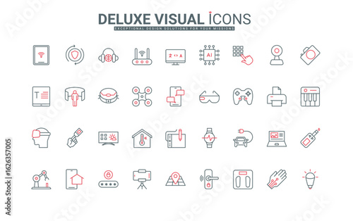 Smart equipment with using AI line icons set. Electronic devices thin black and red outline symbols collection, computer and laptop, phone and tablet, robot vacuum cleaner vector illustration