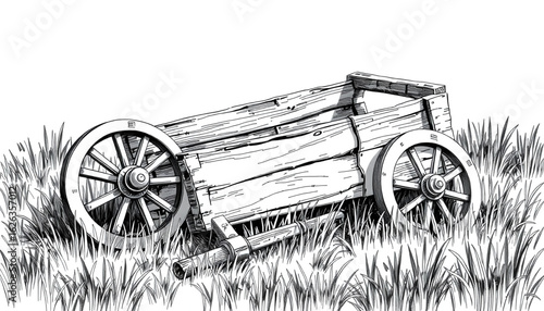 A black-and-white sketch of a shattered wooden chariot lying on its side, one wheel detached and broken axles buried in overgrown grass.
