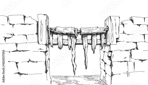 A black-and-white sketch of a forgotten drawbridge chained shut, the wooden slats rotted through and dangling above a dry moat.
