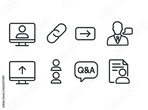 Educational Webinar Icons. Outline icon set of educational webinars: webinar icon, event link, join button,