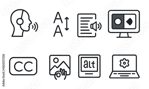 Accessibility Tools Icons. Outline icon set of learning accessibility tools: screen reader, font size icon,