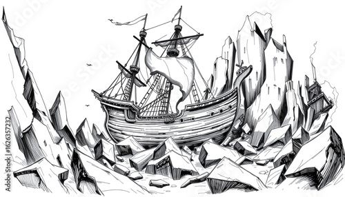 A black-and-white sketch of a shattered wooden galleon lodged in jagged rocks, its masts snapped and sails hanging in tatters.
