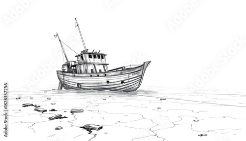 A black-and-white sketch of an abandoned merchant vessel rotting on a foggy beach, with cracked planks and a collapsed crow’s nest.
