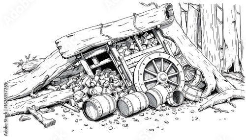 A black-and-white sketch of a crumpled supply chariot crushed beneath fallen logs, its contents spilling out in broken barrels.

