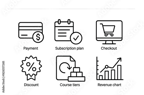 Monetization Tools Icons. Outline icon set of course monetization tools: payment icon, subscription plan,