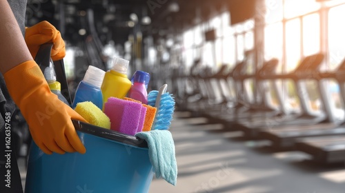Cleaning Supplies In Blue Bucket In Gym