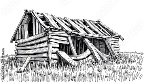 A black-and-white sketch of a collapsed wooden barn, its roof caved in under time’s weight, with broken beams jutting into overgrown grass.
