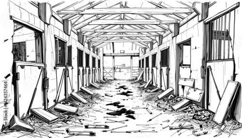 A black-and-white sketch of a horse stable with shattered stalls, iron gates hanging off hinges, and straw scattered like ash.
