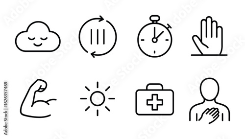 Anxiety Management Icons. Outline icon set of anxiety management: calm cloud, breathing pattern, timer icon,
