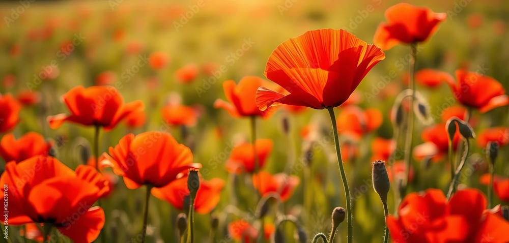 Fototapeta premium Crimson poppies sway, sunlight on delicate petals, summer field, outdoors, meadow