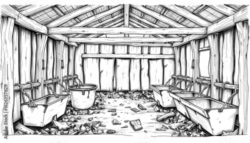 A black-and-white sketch of a dilapidated livestock shed filled with broken feeding bins, gnawed planks, and cracked troughs.
