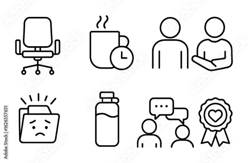 Workplace Wellness Icons. Outline icon set of youth mental health: teen face, mobile chat, journal lock,