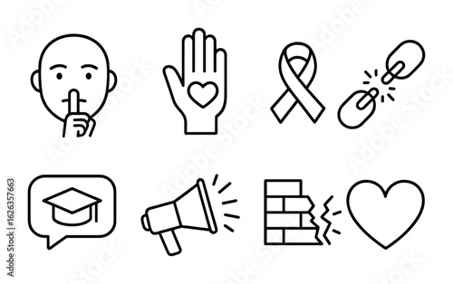 Mental Health Icons. Outline icon set of mental health stigma: silence face, no shame icon, awareness badge,