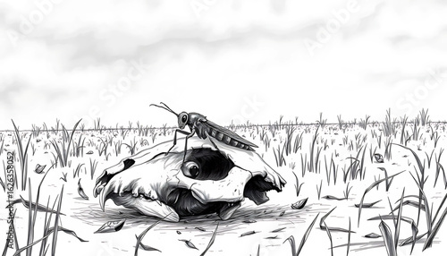 A black-and-white sketch of a single locust resting on a cracked skull amid a dried field, its eyes dull and lifeless under a stormy sky.
