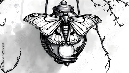A black-and-white sketch of a moth resting on a shattered lantern. The wings are frayed and speckled, the background shadowed by coiling vines and faint traces of soot.
