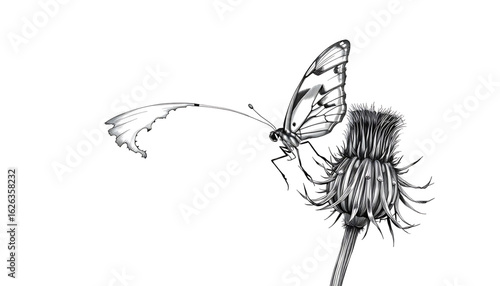 A black-and-white sketch of a butterfly perched on the skeleton of a dried thistle, silhouetted by a cloudy sky. Its wings are chipped, and one side is missing entire sections.
