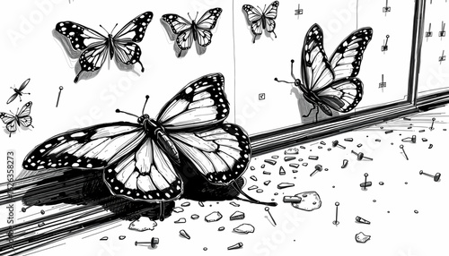 A black-and-white sketch of a butterfly specimen display, shattered glass across the floor, pins loose, wings bent and curling with decay.

