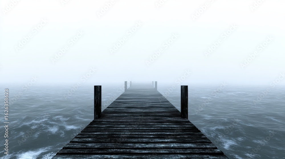 Fototapeta premium Foggy Pier Over Calm Water with an Eerie Atmosphere in Background