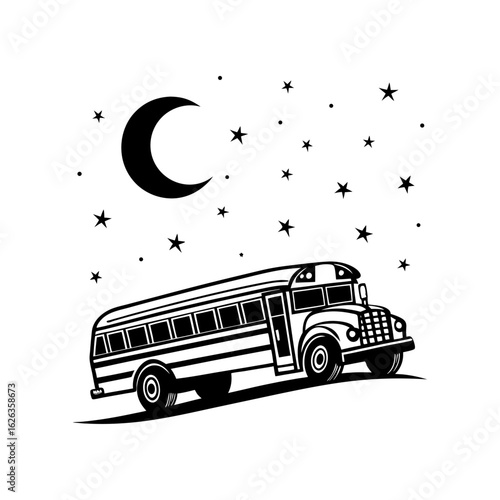 Vector Illustration of School Bus with Books and Autumn Leaves – Back to School Concept in Black and White