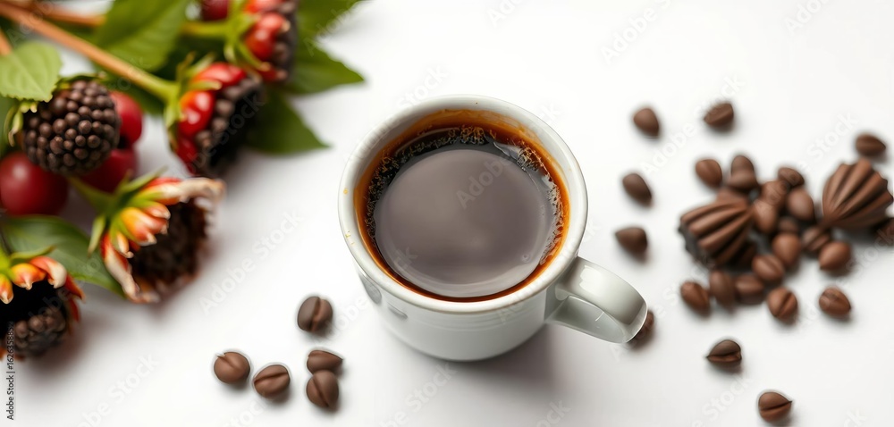 Fototapeta premium Dark espresso in small ceramic cup, white background, aroma, product photography