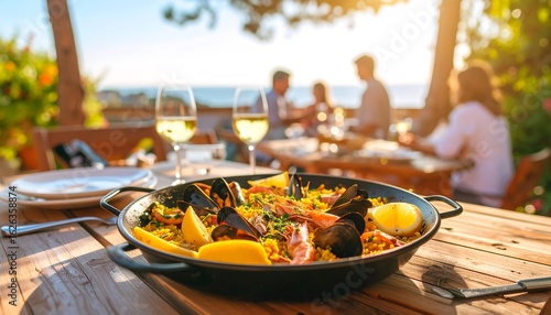 Golden Hour Seafood Paella: Coastal Dining with Friends