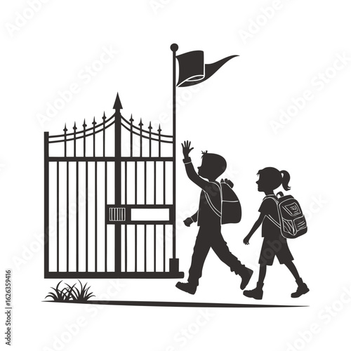 Silhouette of School Children Entering Through Gate – Back to School, Education Access, and Childhood Learning Vector Illustration