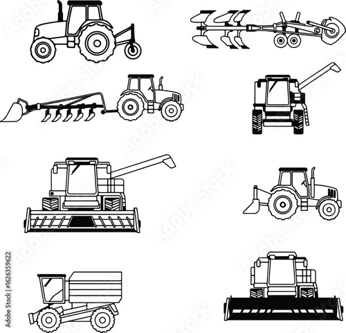 Silhouette various agricultural machines farming equipment vector Illustrator