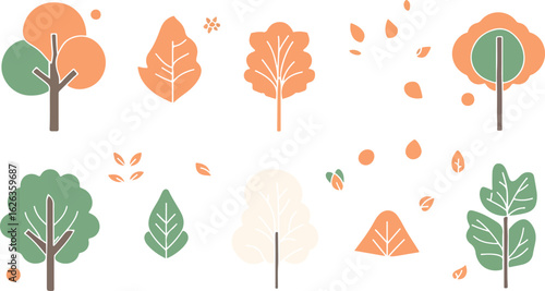 Collection of stylized autumn trees with falling leaves in a flat design